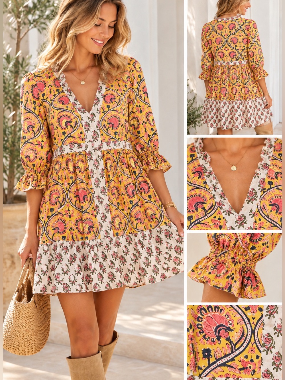 CHARLEE Floral Block Print 100% Cotton Boho Dress